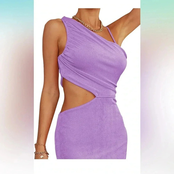 One Shoulder Ruched Cut Out Split Slit Hem Sleeveless Bodycon Midi Dress NEW - Picture 2 of 4